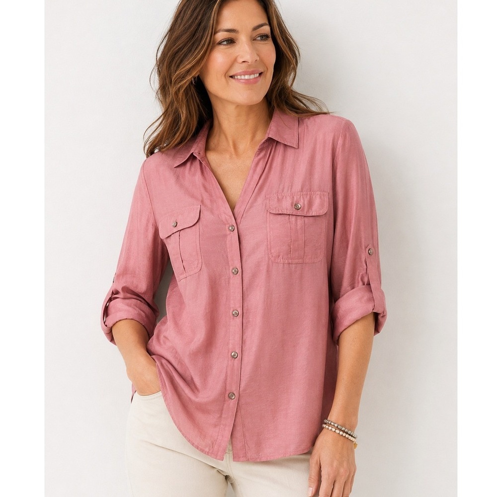 Roz & Ali‎ Dusty Rose Utility Button Front Roll Tab Blouse XL Shimmer Rayon